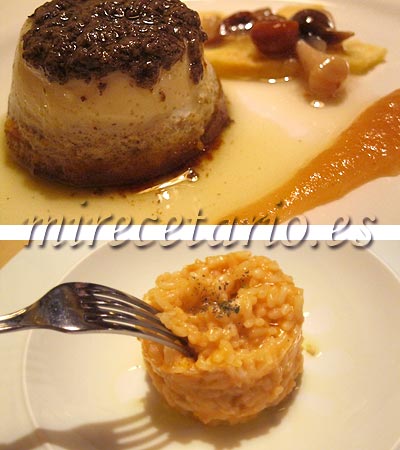 Flan de Foie y Trufa con dos Texturas de Manzana y Setas y Arroz Meloso de Langostinos y Queso de Cabra