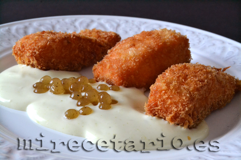 Salmón con panko, mahonesa de wasabi y esferificaciones de manzana y jengibre {Cooking the Chef}